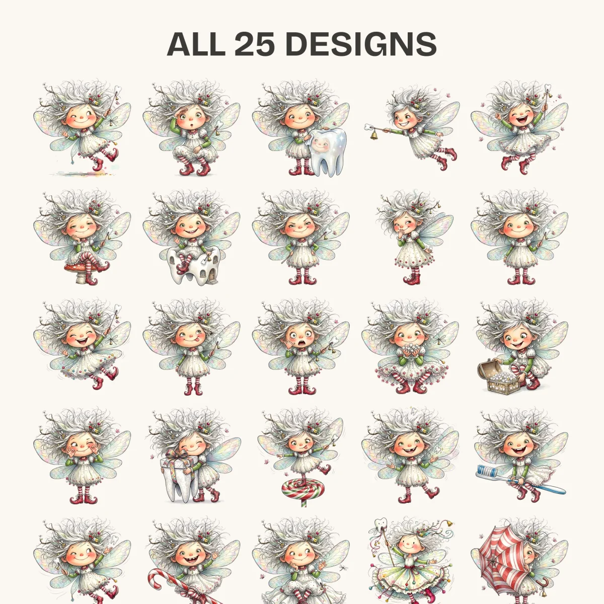 All 25 tooth fairy poses, a white-haired fairy with iridescent wings riding a toothbrush, hugging a giant tooth, opening a chest of teeth and hiding under a striped umbrella