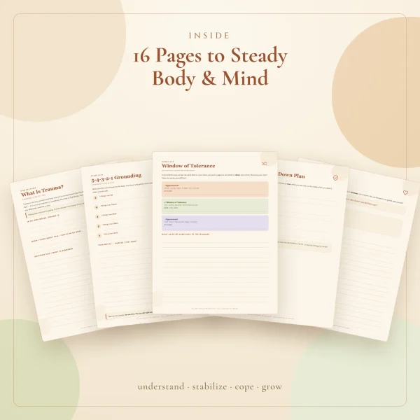 Five workbook pages fanned out, with the three-zone window of tolerance page in the middle