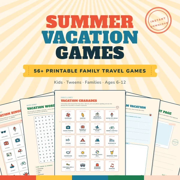 Summer Vacation Games cover over the Vacation Charades, Vacation Word Search and Vacation Bingo pages, marked for kids, tweens and families, ages 6-12