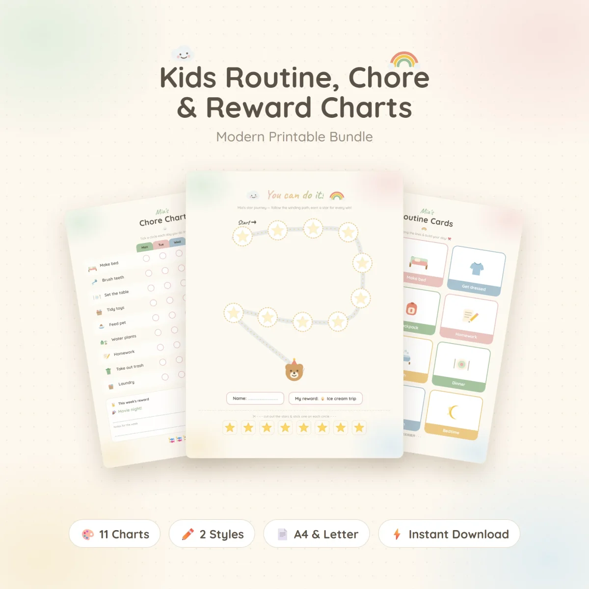 Routine, chore and reward charts in pale modern colors, with a winding star path in front that ends at a small bear