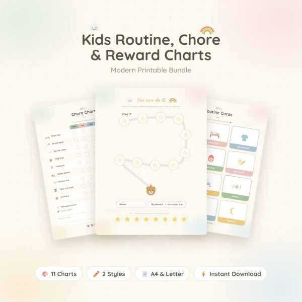 Routine, chore and reward charts in pale modern colors, with a winding star path in front that ends at a small bear