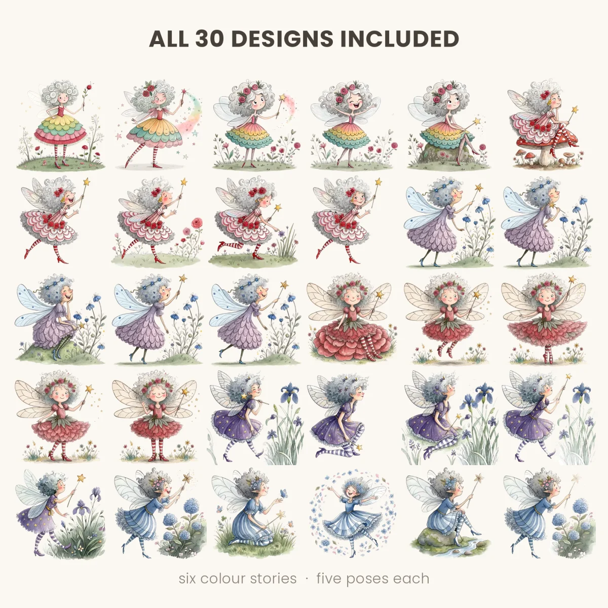 All 30 whimsical fairies with curly gray hair, petal skirts and striped stockings, arranged in five rows
