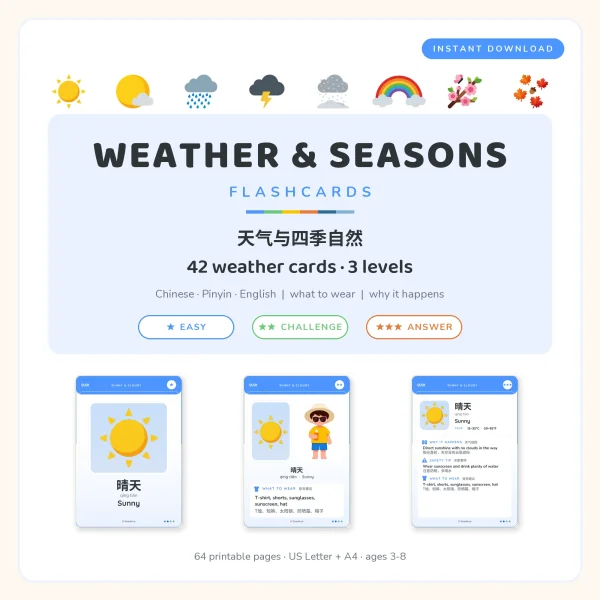 Weather and Seasons flashcards cover with a sunny card at three levels under a row of weather icons, a rainbow and blossoms