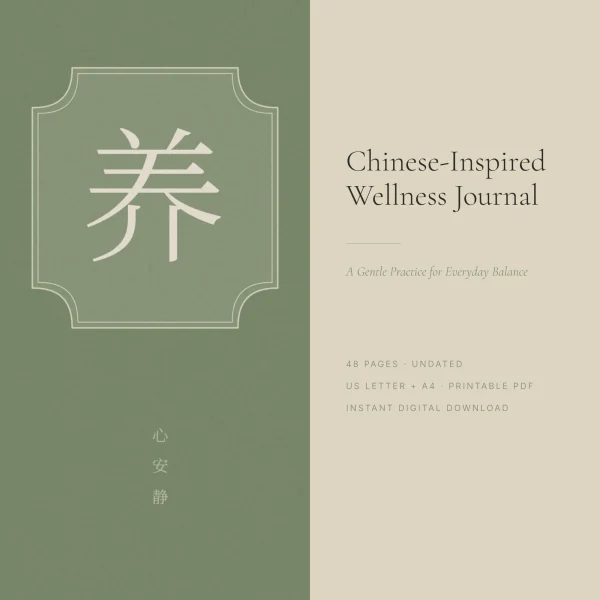 Sage green cover panel with the character 养 in a window-shaped frame, beside the title Chinese-Inspired Wellness Journal, 48 pages, undated