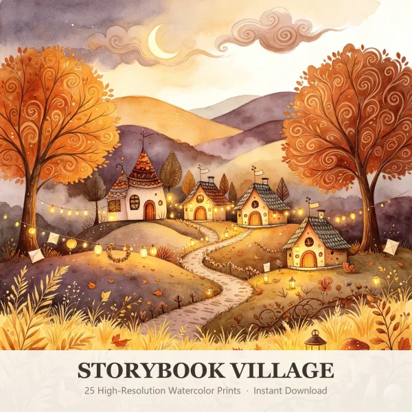Storybook village at dusk with lantern-lit cottages, strings of lights and two orange trees with swirl-patterned leaves under a crescent moon, above a Storybook Village title panel