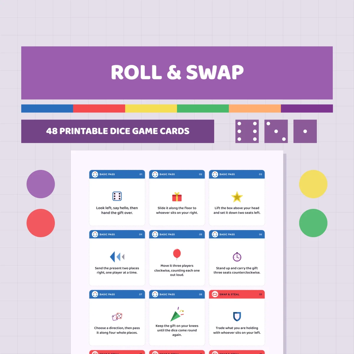 Roll & Swap title over a sheet of dice game cards, with blue Basic Pass cards 01 to 08 and a red Swap & Steal card 09