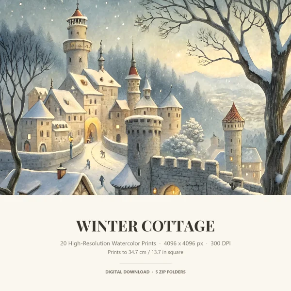Snowy castle with round towers and a lit gateway behind bare trees as snow falls, above a Winter Cottage title panel