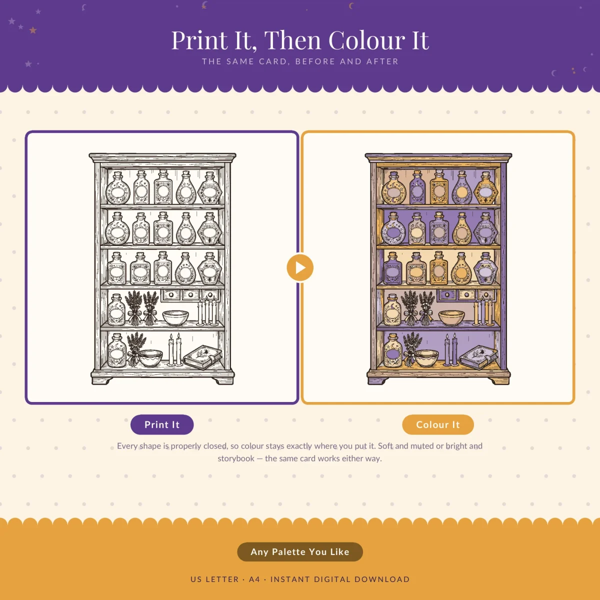 The potion cabinet page in black and white next to the same page colored in purple and gold