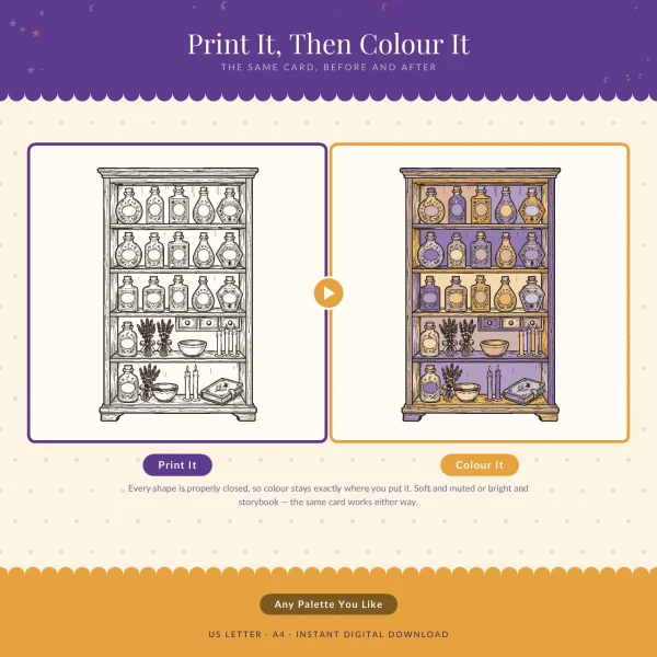 The potion cabinet page in black and white next to the same page colored in purple and gold