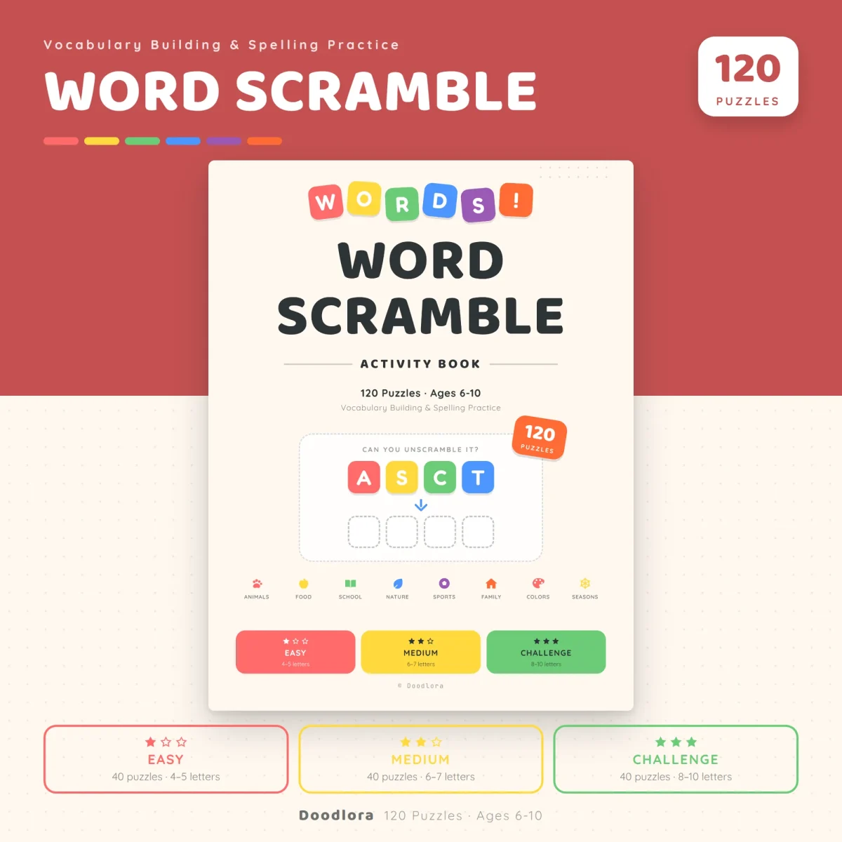 Word Scramble activity book cover with the letters A, S, C and T in colored tiles above four empty boxes, and Easy, Medium and Challenge labels