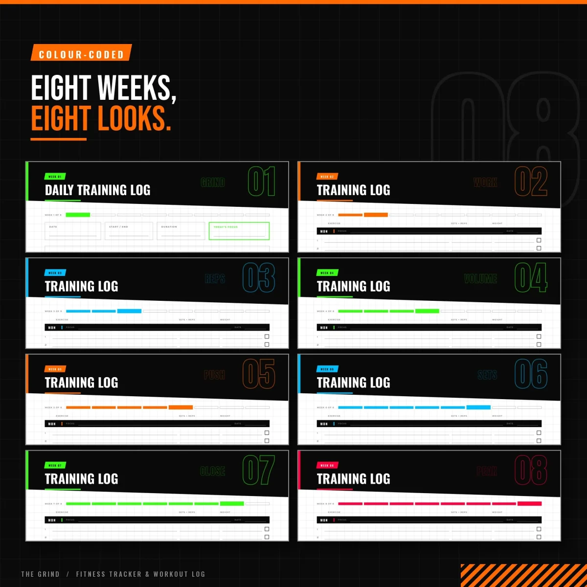 The header of each of the eight weekly training logs, colored green, orange and blue in turn with red for week 8