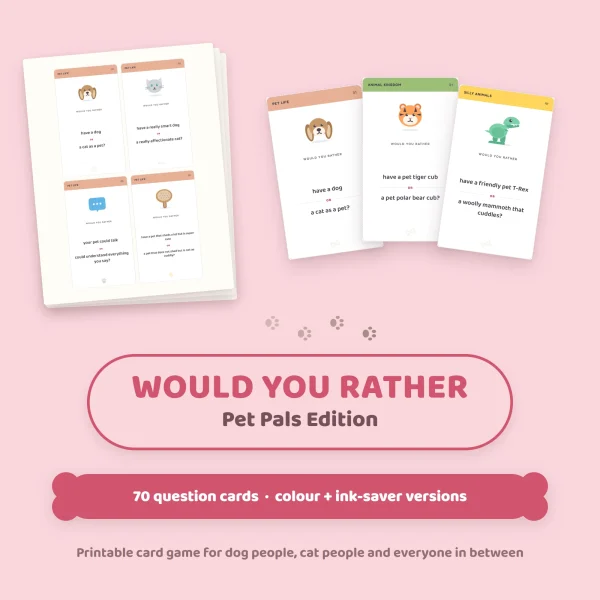 A page of Pet Life question cards behind three cards asking dog or cat, tiger cub or polar bear cub, and T-Rex or woolly mammoth
