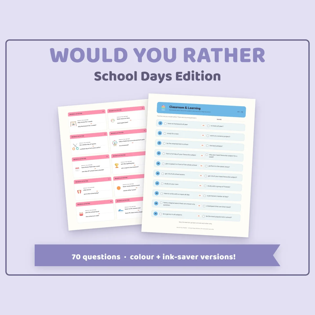 A page of pink Recess and Activities cards beside a Classroom and Learning list page with checkboxes for questions 01 to 10