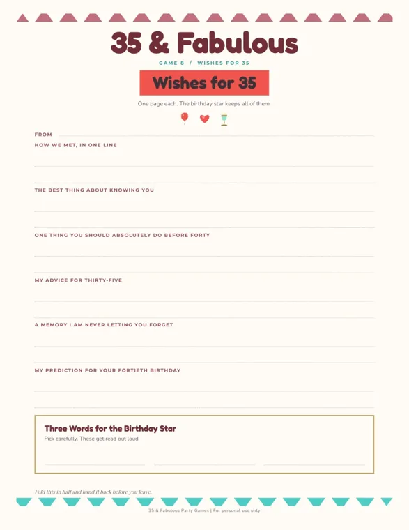 The Wishes for 35 keepsake page, with lined spaces for how we met, advice for thirty-five, a prediction for the fortieth birthday and three words for the birthday star