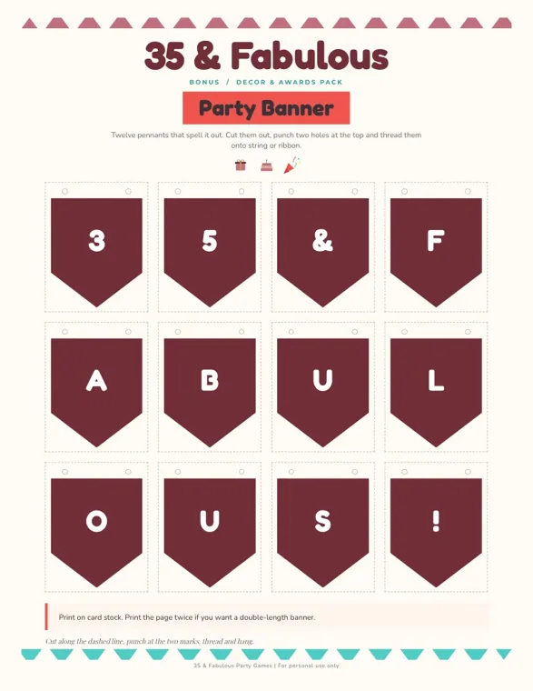 A Party Banner page of twelve dark red pennants spelling 35 & FABULOUS!, each with two punch marks at the top