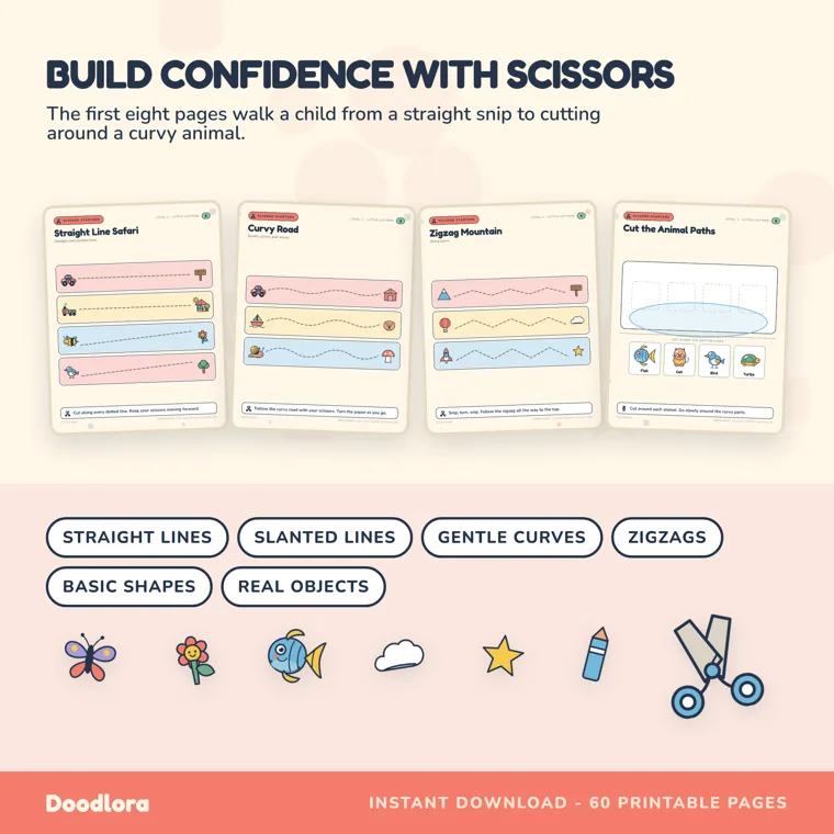 Four scissor practice pages with straight, curvy and zigzag dotted lines, and fish, cat, bird and turtle pictures to cut around