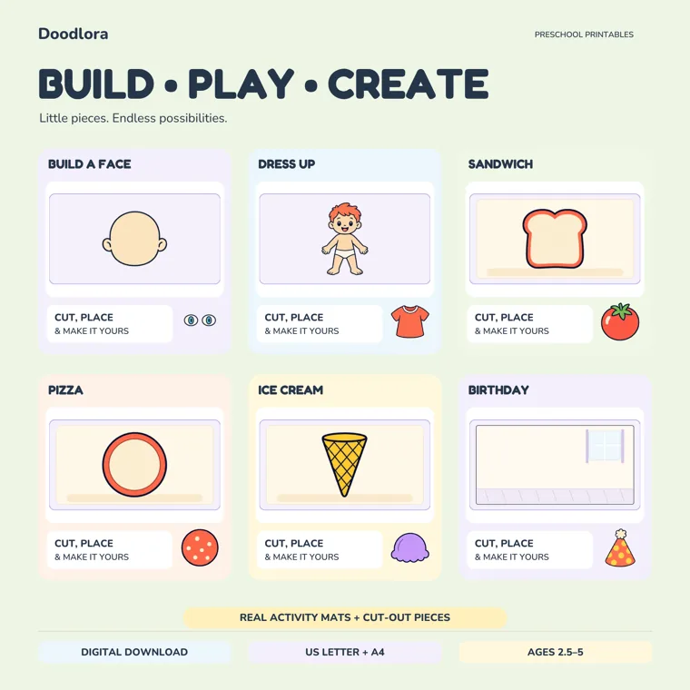 Six build-and-play mats, a blank face, a child to dress, bread for a sandwich, a pizza base, an ice cream cone and a party room