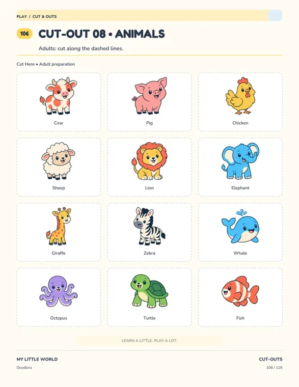 A cut-out sheet of twelve animal cards, a cow, pig, chicken, sheep, lion, elephant, giraffe, zebra, whale, octopus, turtle and fish