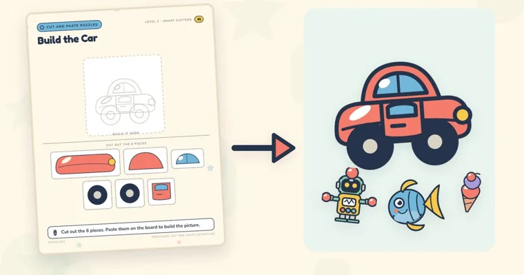 A Build the Car cut and paste page with six pieces to cut out, an arrow pointing to the finished red car