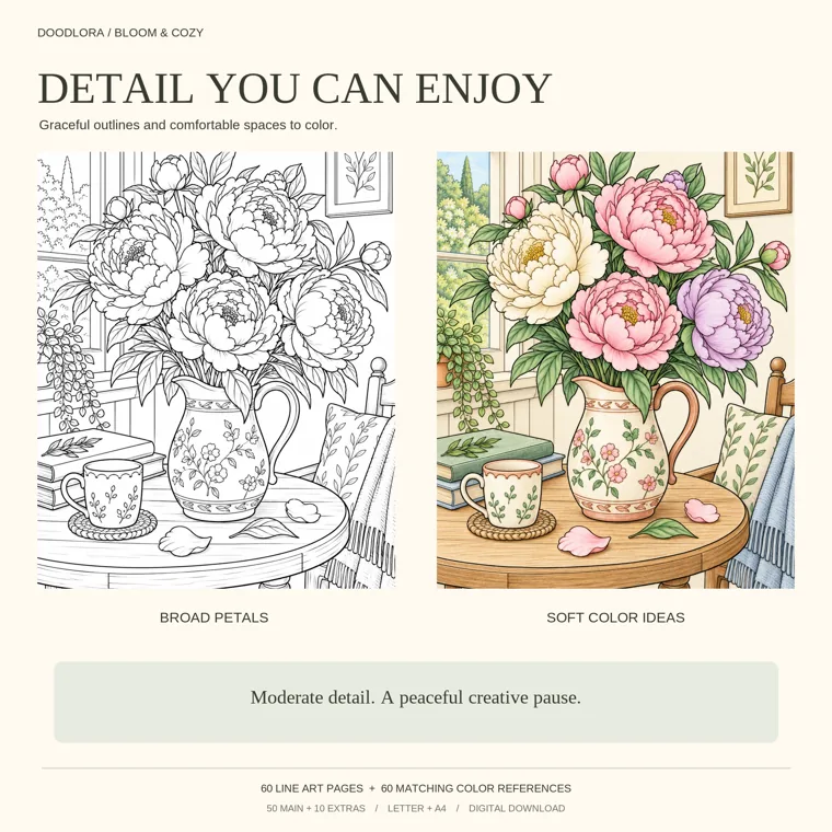 A peony pitcher coloring page shown twice, in black outline and colored in pink, cream and lilac