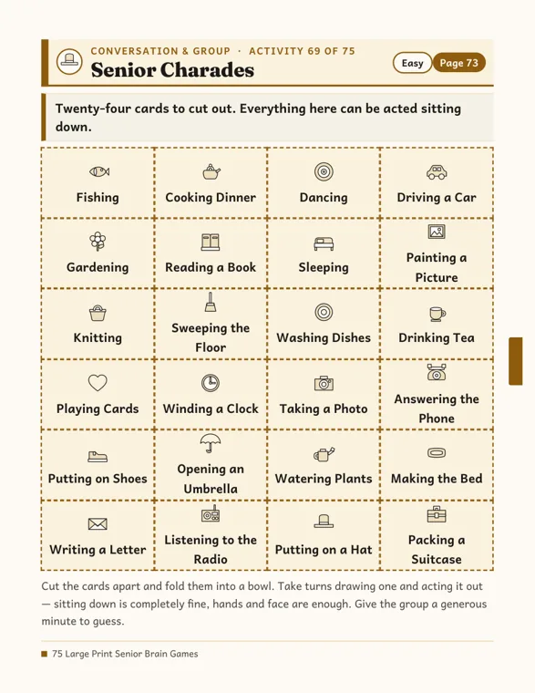 Senior Charades page with 24 dashed cut-out cards, including Fishing, Knitting, Winding a Clock and Packing a Suitcase