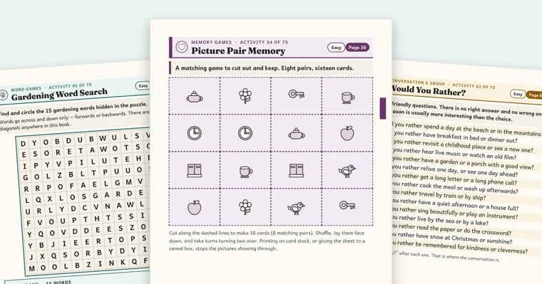 Three large-print activity pages fanned out, a gardening word search, a Picture Pair Memory card sheet and a Would You Rather list