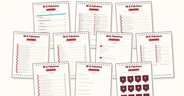 A spread of printed 35 & Fabulous game sheets, including the host guide, a ballot, a price check answer key, a guess the year key, a keepsake page and a pennant banner