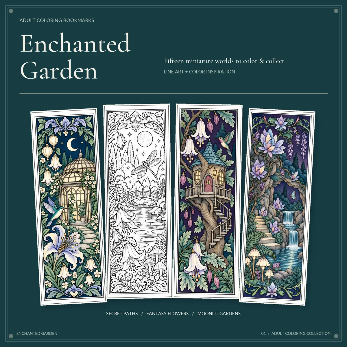 Four garden bookmarks fanned out on dark teal, a colored glass conservatory, a black and white pond with a dragonfly, a treehouse and a waterfall grotto