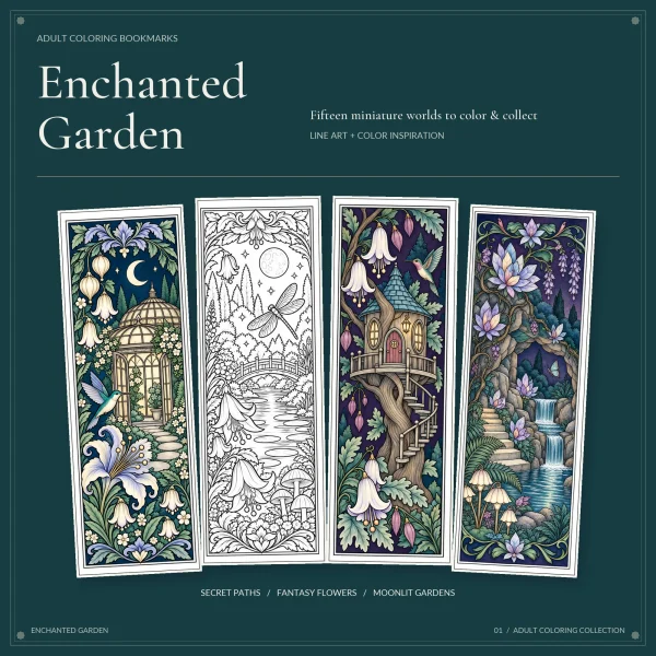 Four garden bookmarks fanned out on dark teal, a colored glass conservatory, a black and white pond with a dragonfly, a treehouse and a waterfall grotto