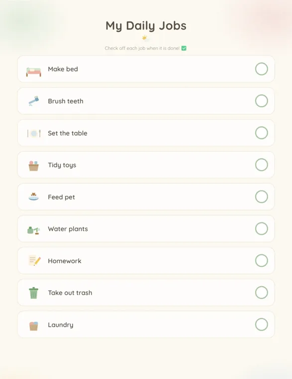 A My Daily Jobs checklist with nine rows from Make bed to Laundry, each row with a small picture on the left and an empty circle on the right