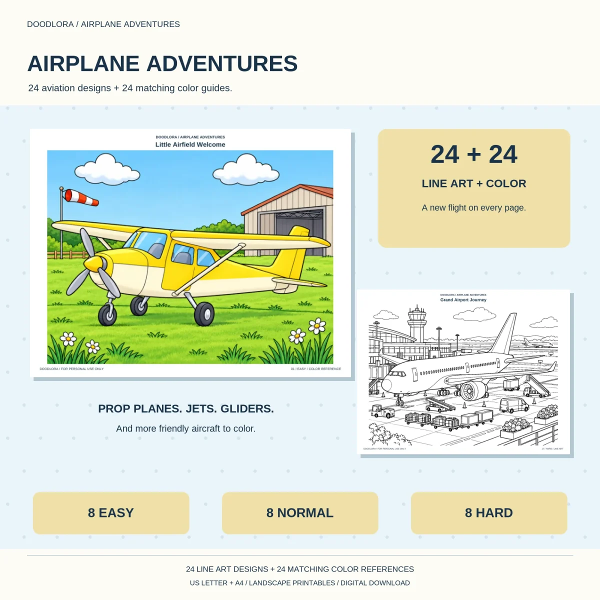 Cover with the Little Airfield Welcome page colored in yellow, a line-art airport scene, and labels for 8 Easy, 8 Normal and 8 Hard designs