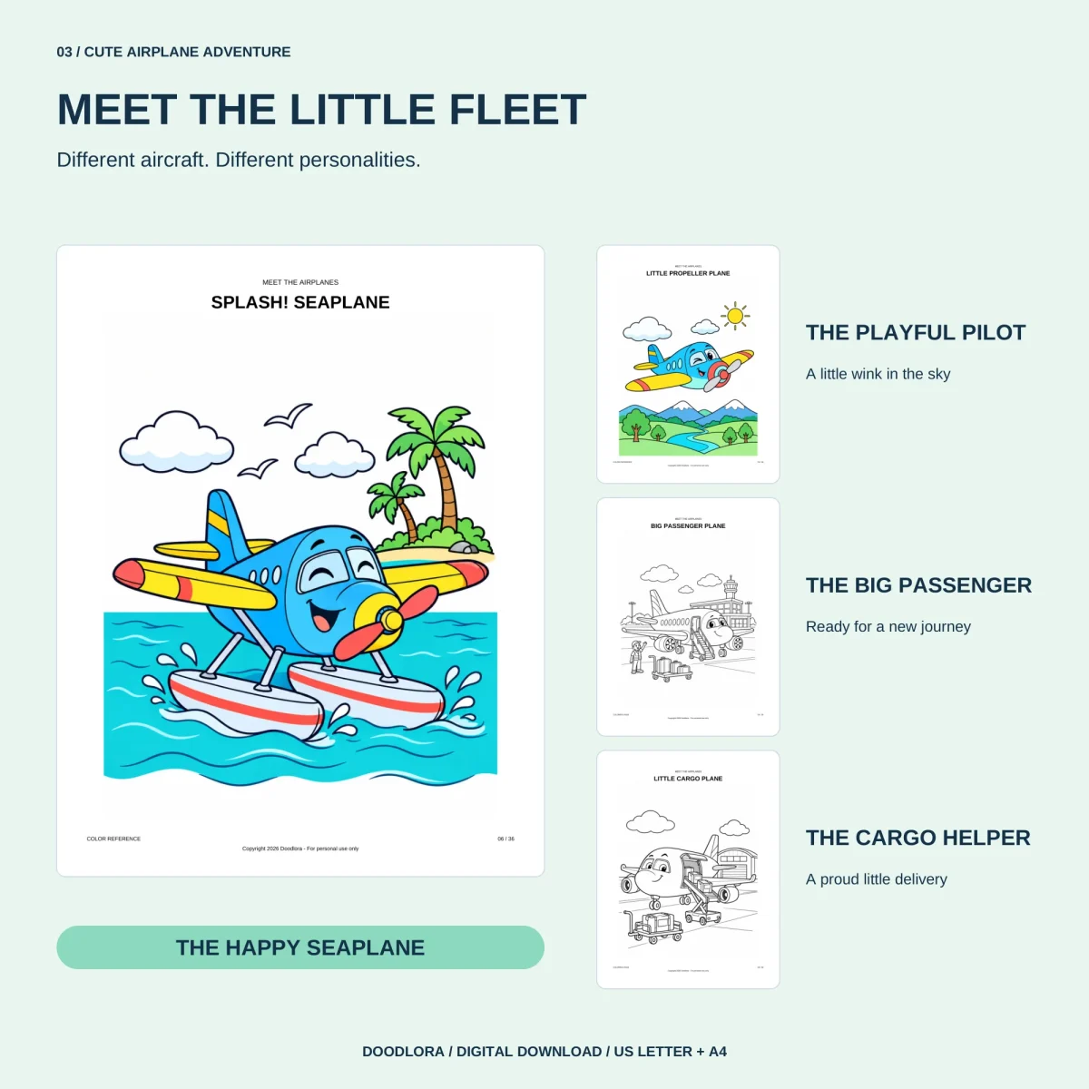 The colored Splash! Seaplane page, a smiling blue seaplane landing on water by a palm island, next to small pages of a propeller plane, a passenger plane and a cargo plane
