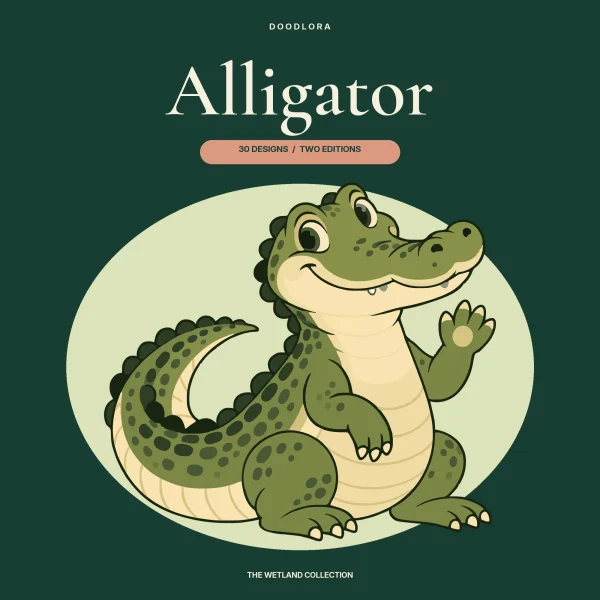 A smiling olive-green cartoon alligator with a cream belly sitting up and waving one paw, on a pale green oval against dark green