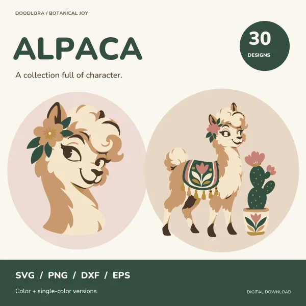 A cream and camel alpaca portrait with a flower behind its ear next to a full-body alpaca in a tasseled blanket standing by a potted flowering cactus