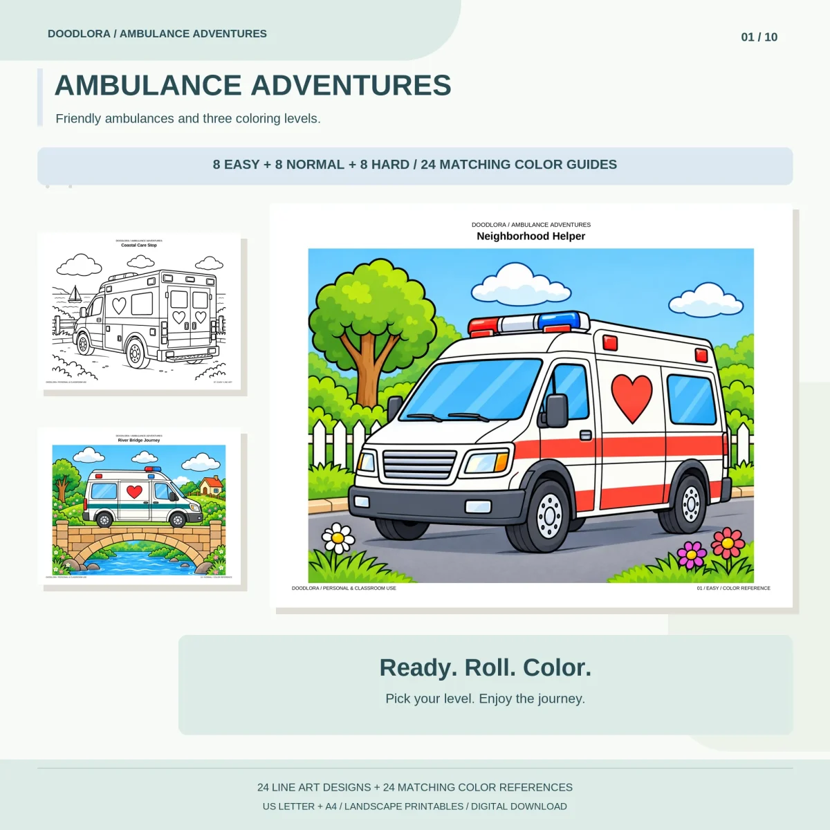 Cover showing the Neighborhood Helper page colored as a white van with a red stripe and red heart, plus two smaller pages and the 8 Easy, 8 Normal, 8 Hard banner