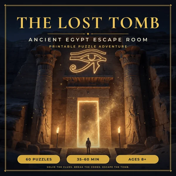 The Lost Tomb title over a glowing tomb doorway with an Eye of Horus above it and an explorer on the steps, with labels for 60 puzzles, 35 to 60 minutes and ages 8 and up