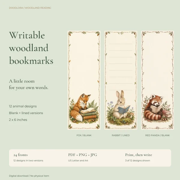 Three writable bookmarks with a fox, a rabbit and a red panda reading at the bottom, one with writing lines and two left blank