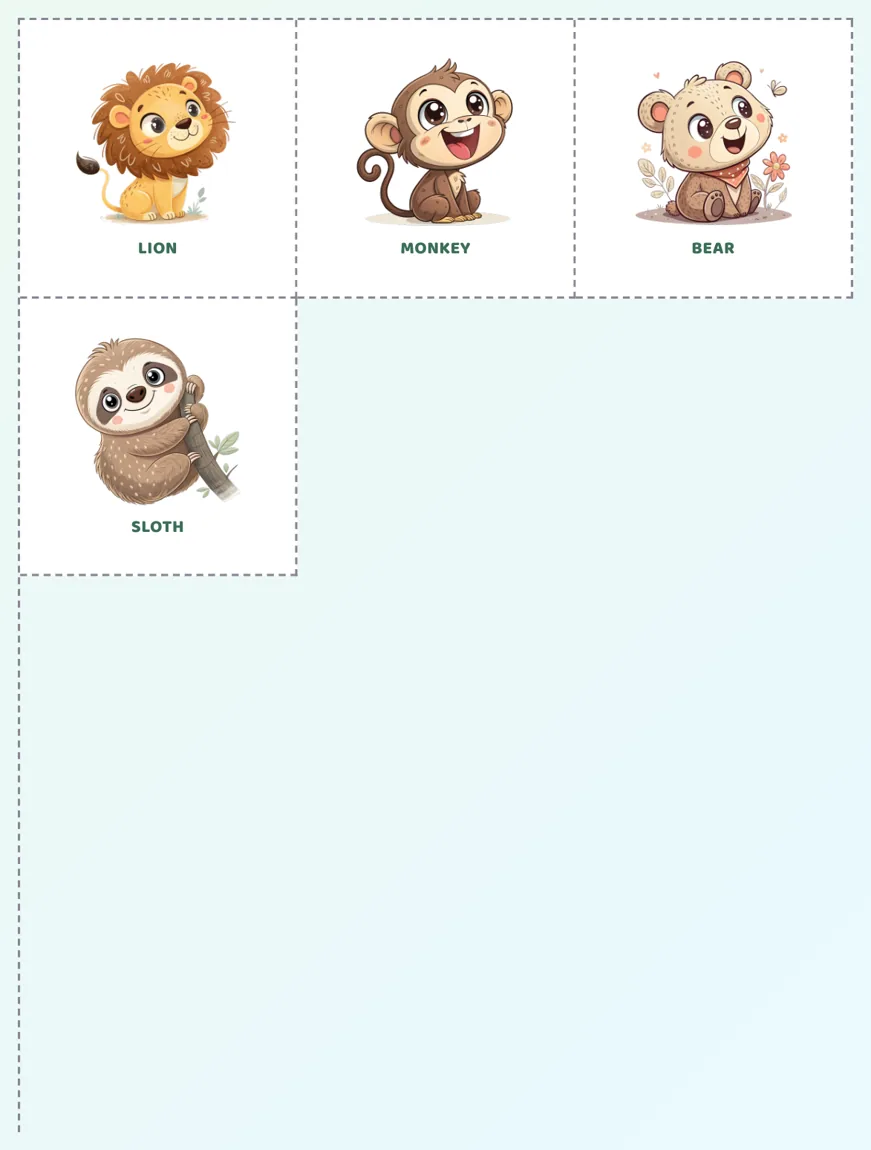 A US Letter card page from the Animal Memory Match 20-pair grid file with only four cards, a lion, monkey and bear in the top row and a sloth below, and the rest of the page blank