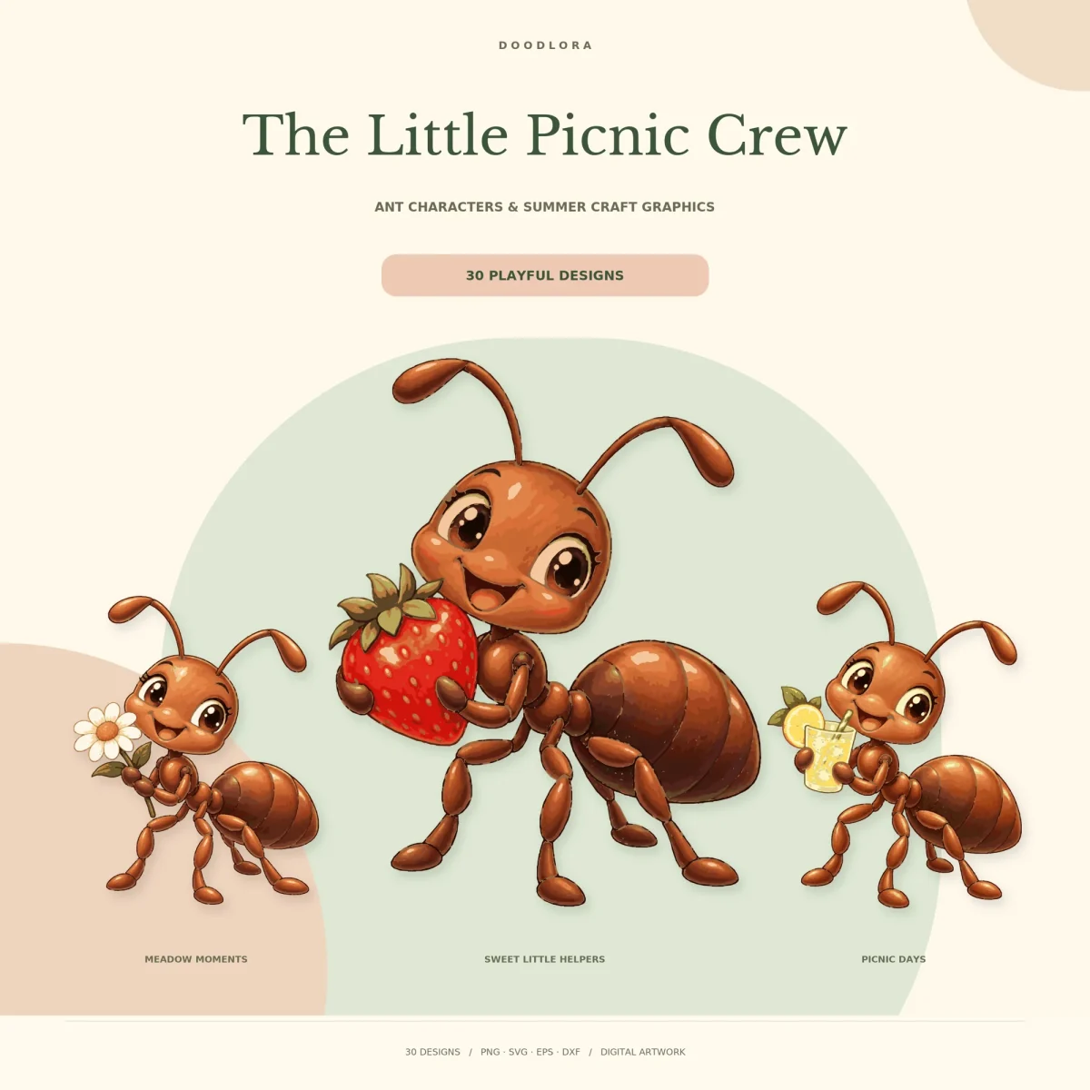 Three smiling brown cartoon ants, the middle one hugging a big red strawberry, with others holding a daisy and a glass of lemonade