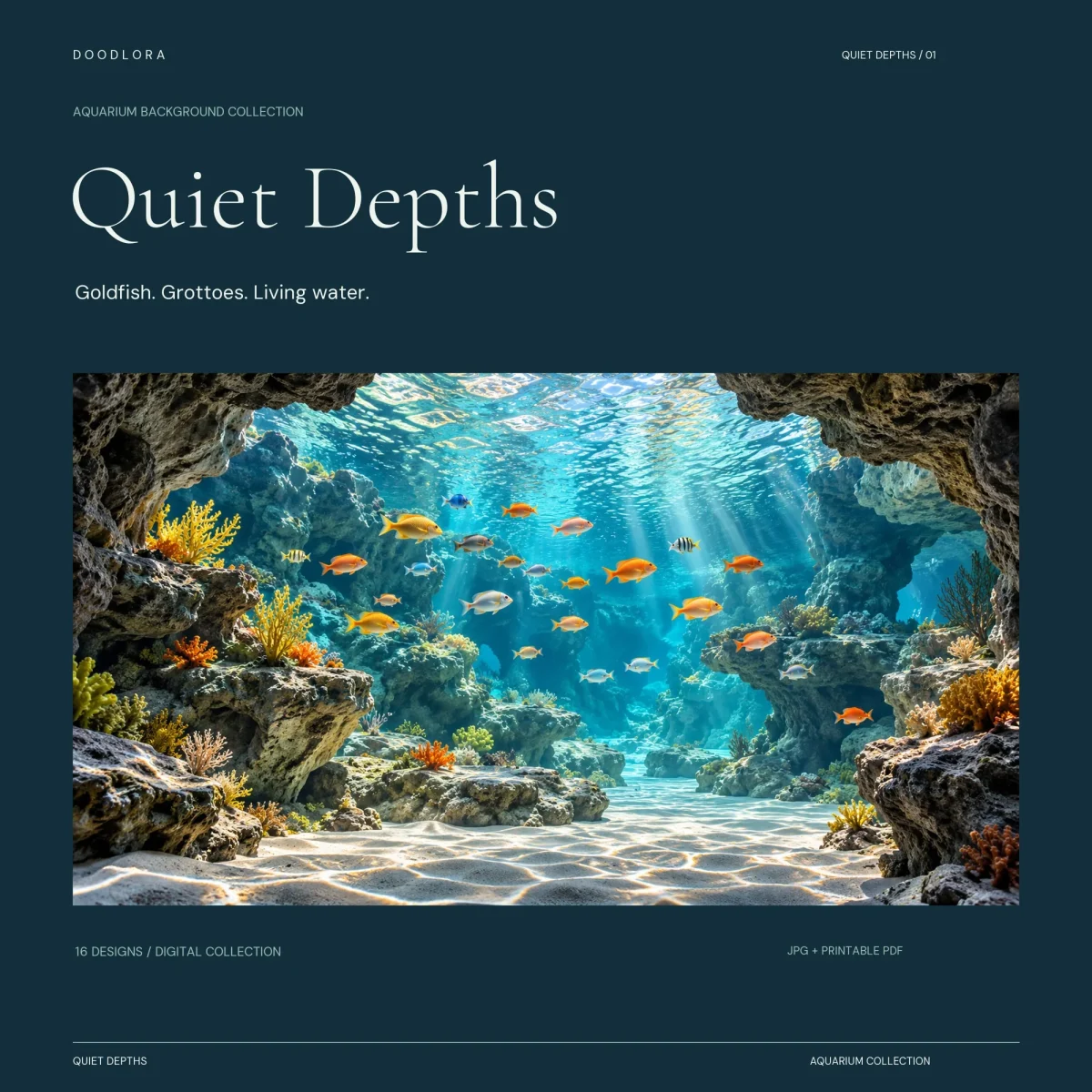Reef grotto scene framed by dark rock arches, with orange, yellow and silver fish over rippled white sand, under the title Quiet Depths