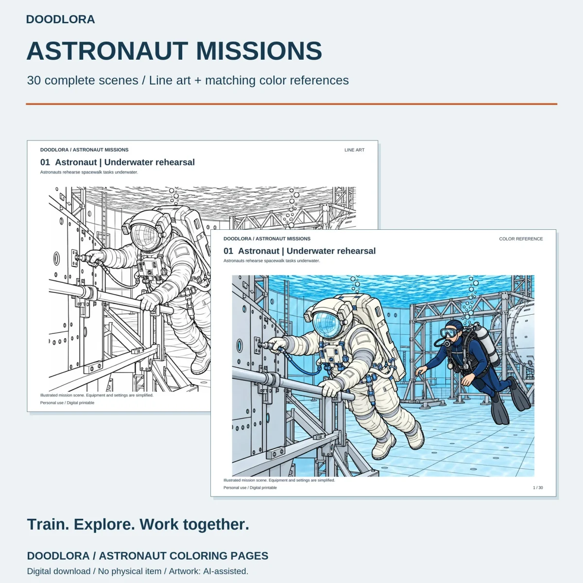 Underwater rehearsal page, a suited astronaut gripping a rail beside a scuba diver, shown as line art and as a blue color reference