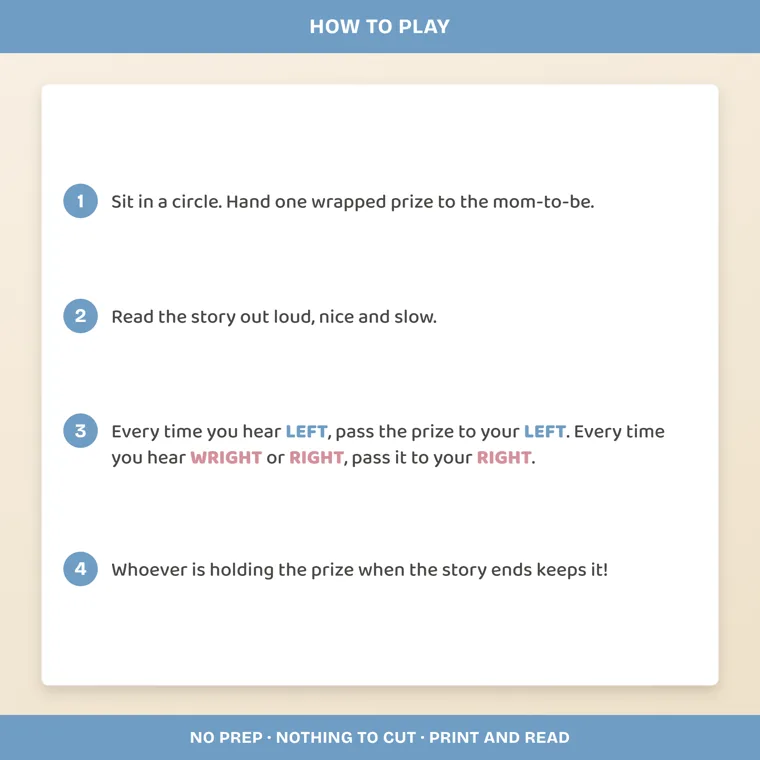 Four numbered how-to-play steps on a white card under a How to Play banner, with LEFT in blue and WRIGHT and RIGHT in pink