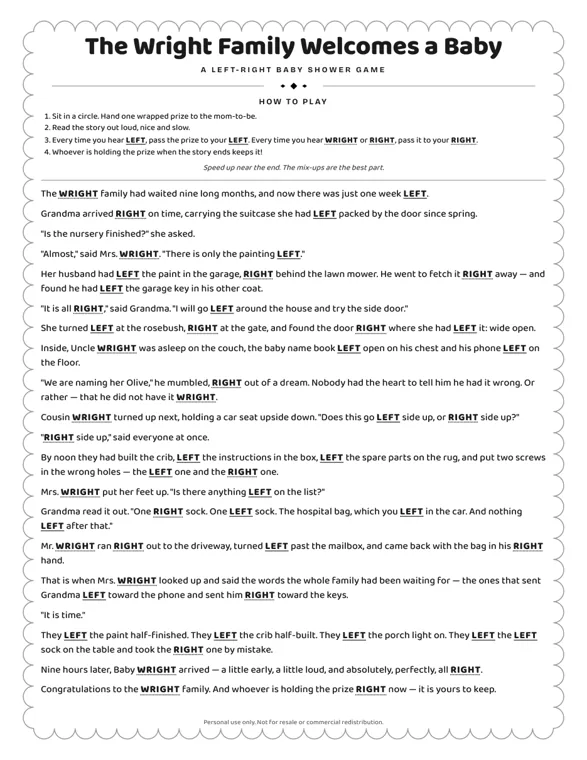 Black-and-white page of The Wright Family Welcomes a Baby with a scalloped border and every LEFT, RIGHT and WRIGHT in bold underlined capitals
