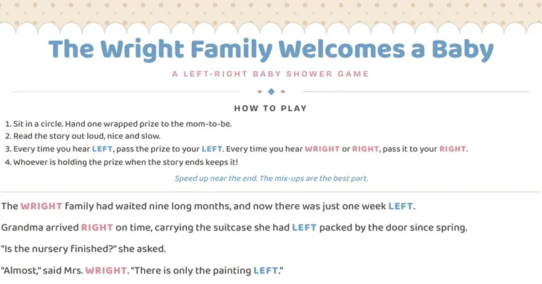 The top of The Wright Family Welcomes a Baby, a left-right baby shower game page with four how-to-play steps and the first lines of the story
