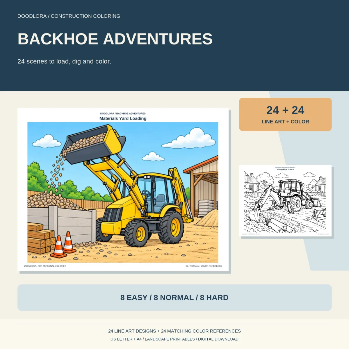Backhoe Adventures cover with a colored loader carrying gravel at a materials yard and a smaller pipe trench outline