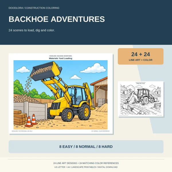 Backhoe Adventures cover with a colored loader carrying gravel at a materials yard and a smaller pipe trench outline