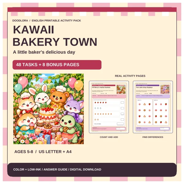 Kawaii Bakery Town cover with six animal bakers around a strawberry cake, beside sample pages for counting trays and two cake-shop displays