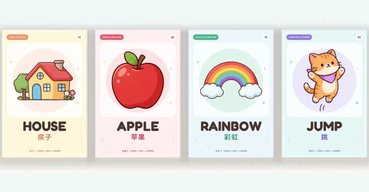 Four picture cards for house, apple, rainbow and jump, each with the English word in large letters and the Chinese word below it
