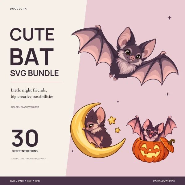 A plum-furred cartoon bat with big pink ears flying with its wings spread, above a bat sitting in a golden crescent moon with two stars and a laughing bat in a jack-o'-lantern