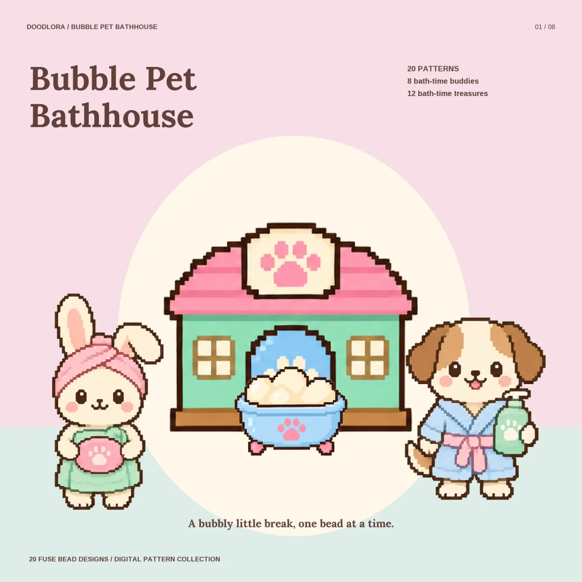 A bunny in a pink towel turban and a puppy in a blue bathrobe on either side of a green bathhouse with a pink roof, a tub of bubbles in front